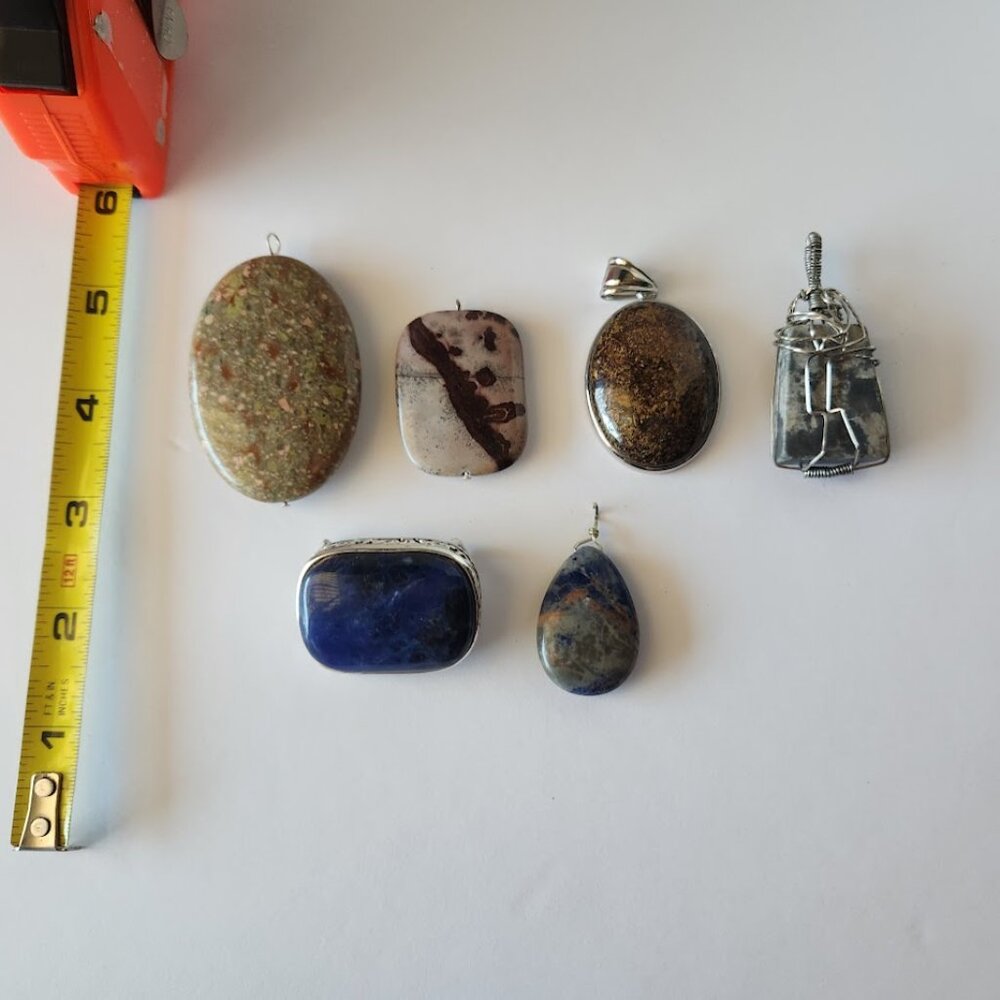 6 STONE NECKLACE PENDANTS BLUE BROWN GREY GRAY SILVERTONE
